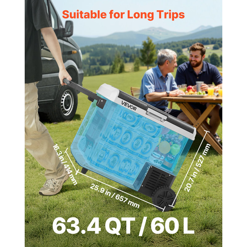 12 Volt Car Refrigerator, 63.4QT/60L Car Fridge, Portable Electric Cooler With Wheels And Handle, -4℉~68℉, 12/24V DC And 100- 240V AC Compressor Freezer For Outdoor, Camping, Travel, RV