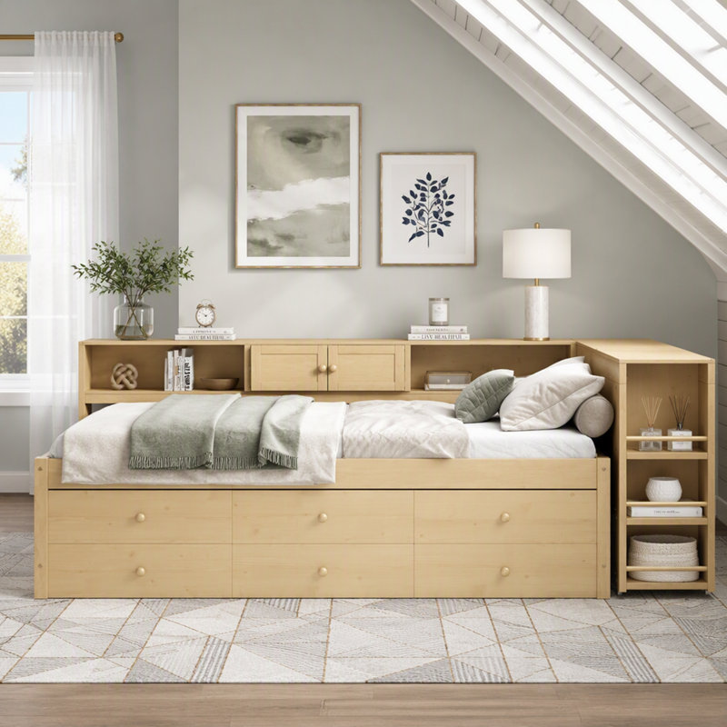 Lit de jour avec couchette, structure en bois, tiroirs de rangement, tablettes latérales et bureau, Twin, Light Natural