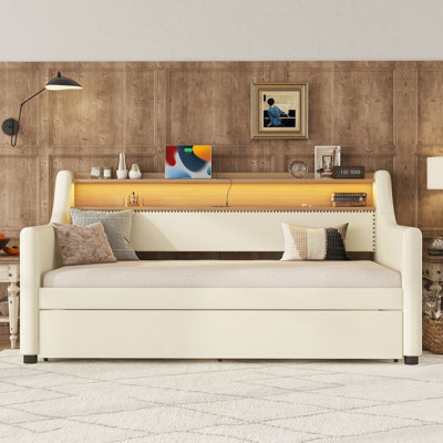 Daybed with Trundle Bed, Upholstered Daybed with Charging Station and LED Lights by House of Hampton