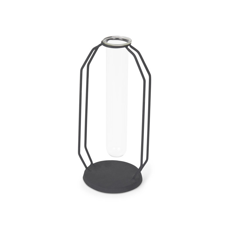 10" Black And Clear Glass And Metal Table Vase