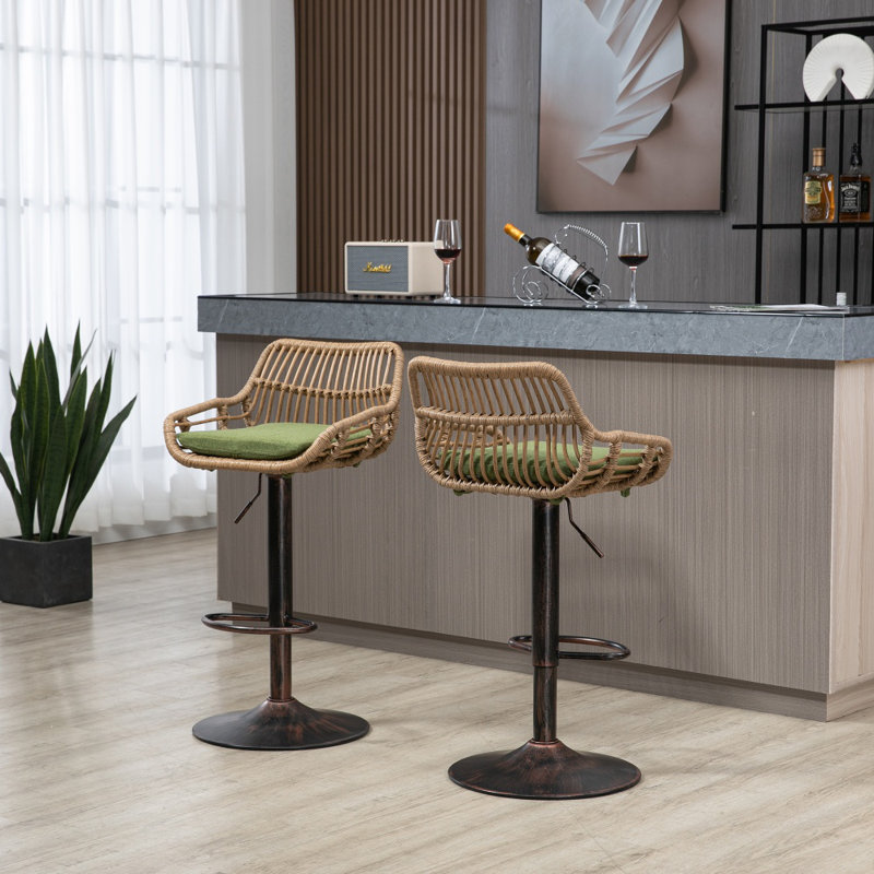 Tabourets de bar à hauteur réglable en rotin (ensemble de 2) - Base moderne classique en métal pour la cuisine, le bar et le café
