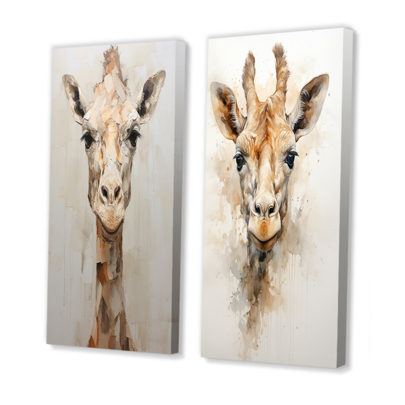 Ensemble de 2 décorations murales minimalisme girafe beige, H 28 po x l 25 po, Toile tendue