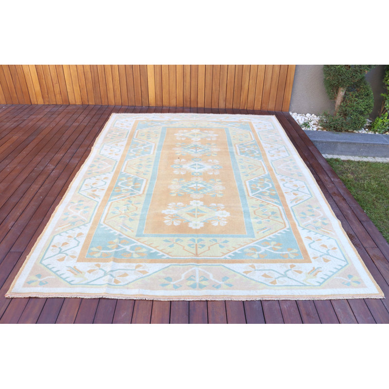Grand tapis Oushak turc vintage fait à la main dans des tons pastel pour le salon et la décoration bohémienne
