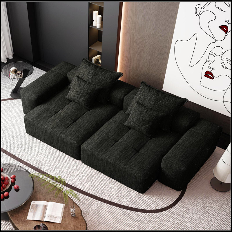 Canapé modulaire surdimensionné moderne avec 2 chaises longues, 2 accoudoirs et 4 coussins, tissu chenille scintillant, Noir