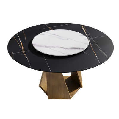 Modern Round Table With Heat Surface & Metal Base, 6-8 Seater, 31.5" Turntable Base Dining Sintered Stone Top, Person Capacity, White