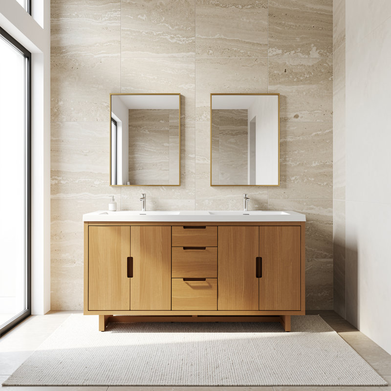 59" Single Bathroom Vanity with Resin Top, 4 Doors & 3 Drawers
