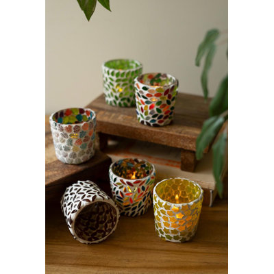 Kalaou Decorative Set of 6 Mosaic Glass Votive Holders Jewel-Like Glow 2.5" H