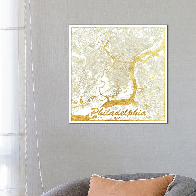 Philadelphia Leaf Urban Blueprint Map 1 Piece Wrapped Canvas Painting, 66.04 cm H x 66.04 cm W x 3.175 cm D