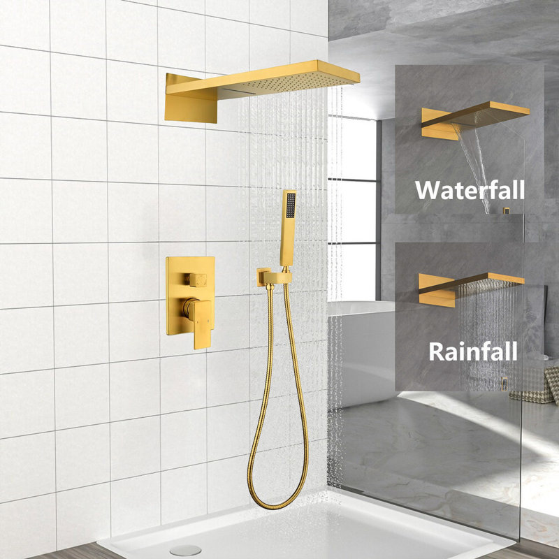 Ensemble de robinet de douche mural double cascade et chute de pluie avec pomme de douche à haute pression, Or