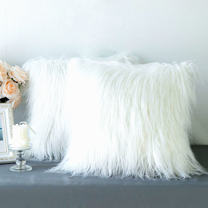 Luxury Merino Fluffy Cushion Covers - Set of 2 Plush Decorative Pillows for Living Room, Couch, Bed, Car, Chair - Off-White - Soft and Stylish