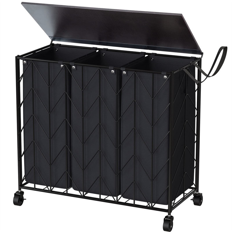 142L Laundry Hamper 3 Section with Lid, Black