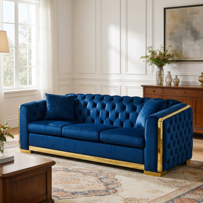 Canapé Chesterfield de 84 po en velours capitonné avec 3 coussins de salon