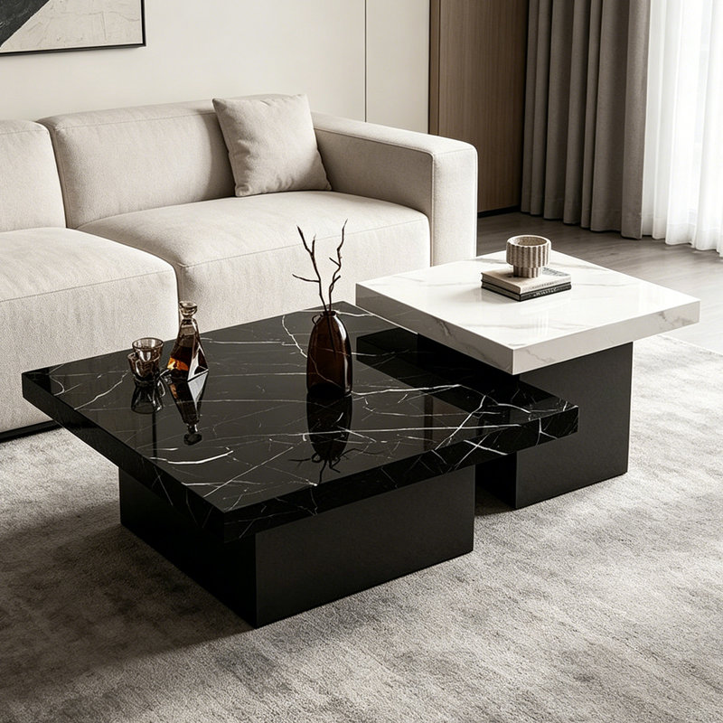 Ensemble de tables basses en granit italien, H 15,7 po x L 35,4 po x l 35,4 po, Noir / blanc