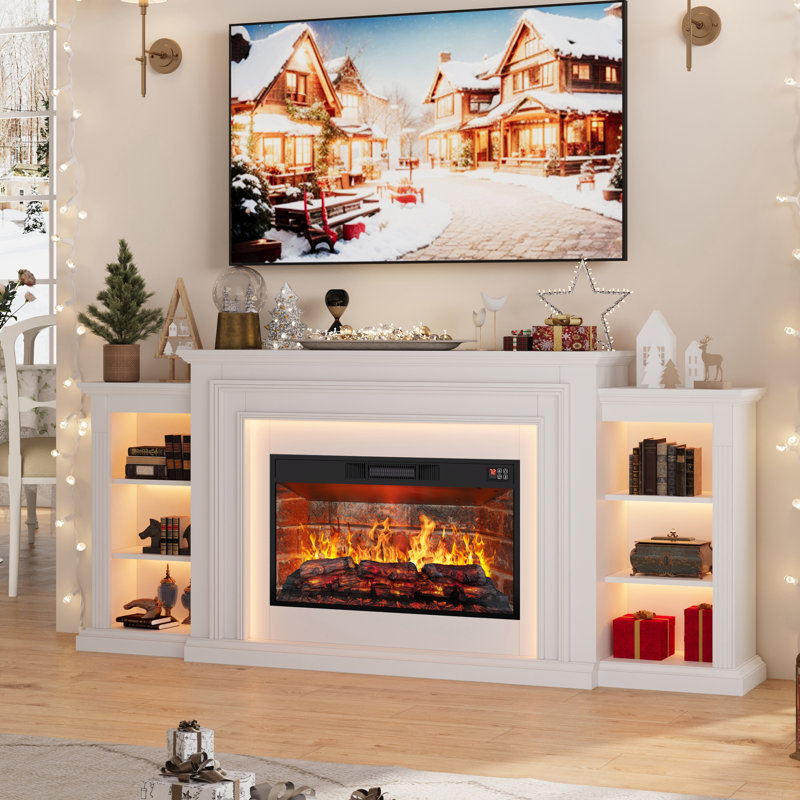 80"W Led Light Fireplace Tv Stand With Electric Insert –Media Console For Tvs Up To 90 Inches, White/Brick
