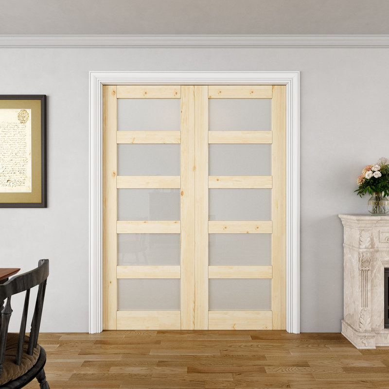 Porte intérieure à 5 carreaux en pin et verre dépoli, style colonial, double porte coulissante pleine, verre trempé certifié SGCC, cadre renforcé et quincaillerie incluse, porte coulissante pour chambre à coucher, non finie et à peindre, pour garde-manger, chambre à coucher, salle de bain et placard, 162,5 cm x 203,2 cm