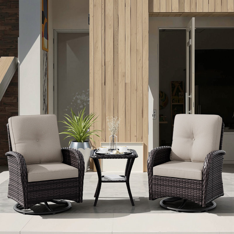 Maximos 3-Piece Outdoor Swivel Chairs with Cushions, Brown, Beige