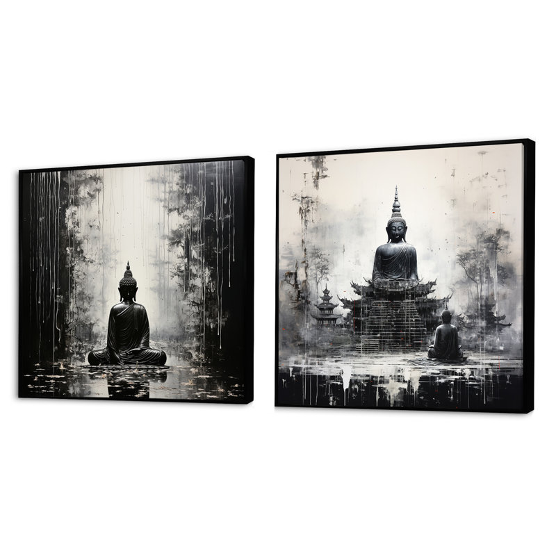 Statue du Saint Bouddhisme - Ensemble de 2 collages carrés bouddhistes, Cadre flottant noir, H 30 po x l 61 po