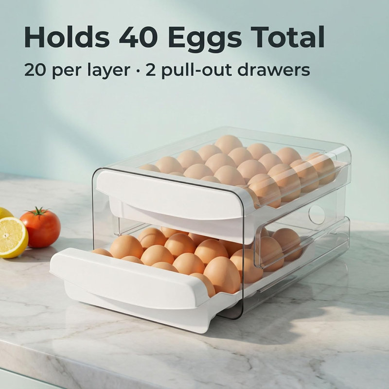 Egg Holder for Fridge, 2-Tier Stackable 40 Eggs Organizer Drawer for Refrigerator