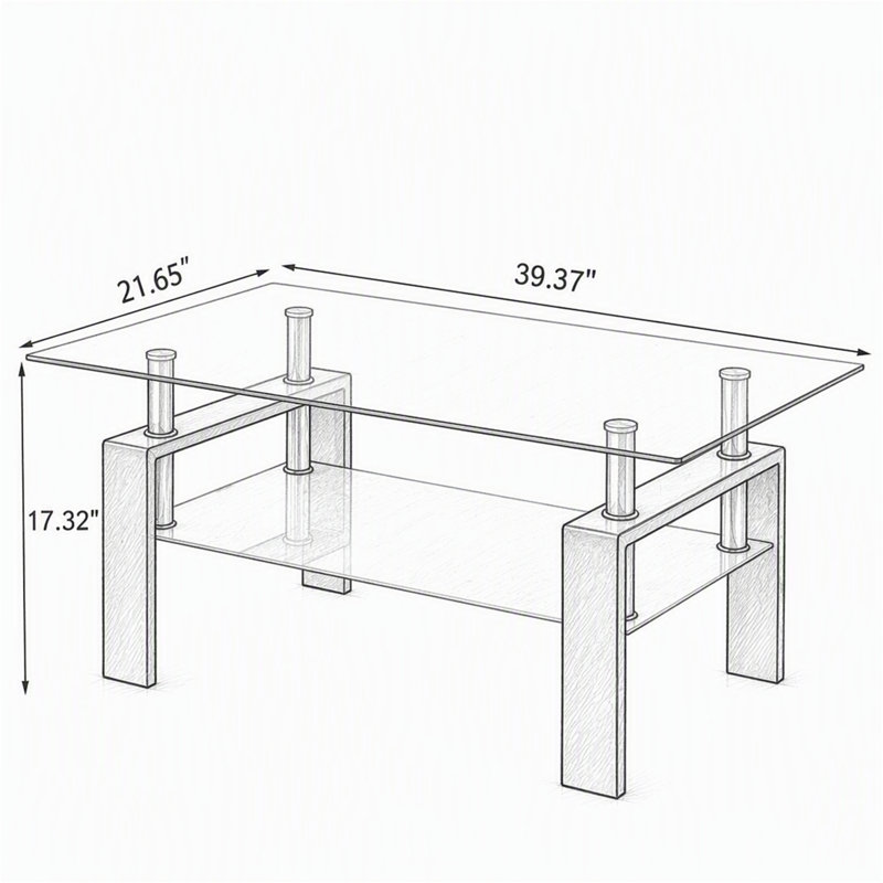 Table basse en verre trempé transparent, H 17,72 po x l 39,37 po x P 21,65 po, Transparent / noir