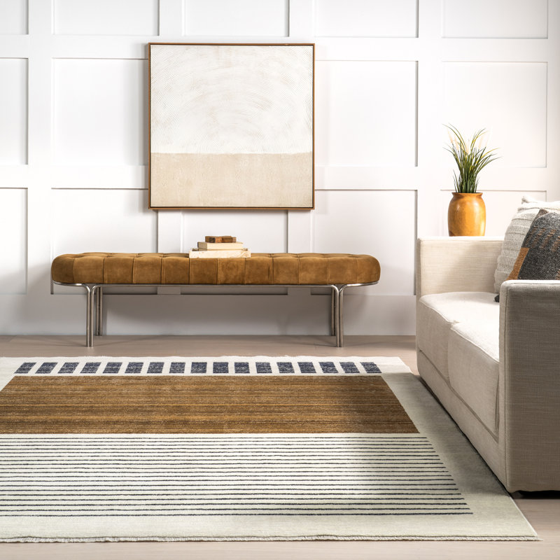 Keeva Modern Striped Fringe Area Rug, Square 6' 5", Beige/Brown