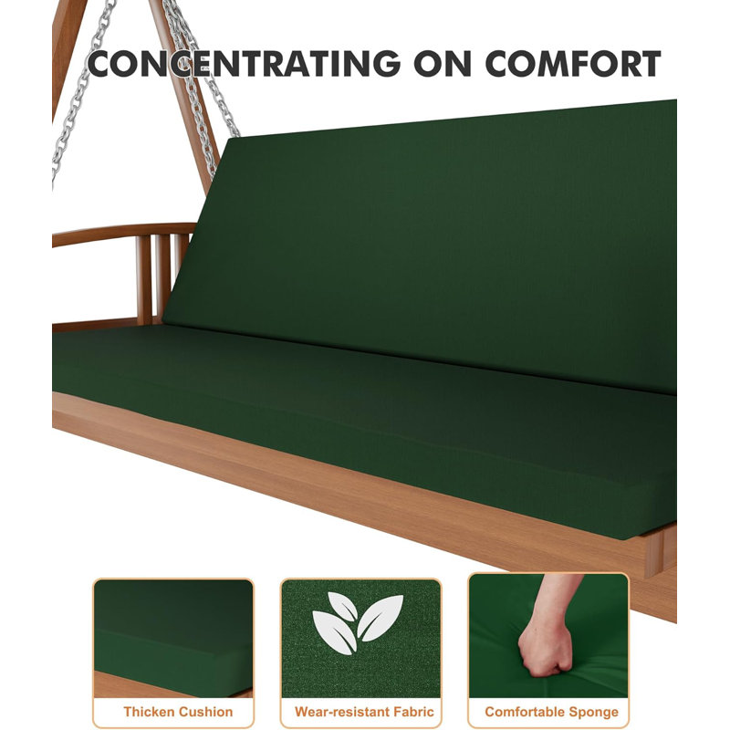 Green Wooden 3-Seater Patio Swing with Adjustable Canopy and Removable Cushion