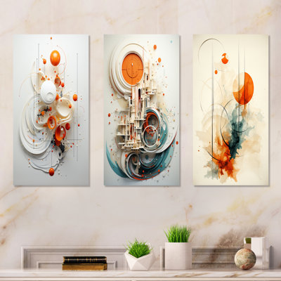 «Orange and White Spiraling Symmetry I», ensemble de 3 reproductions d'art sur toile géométriques abstraites