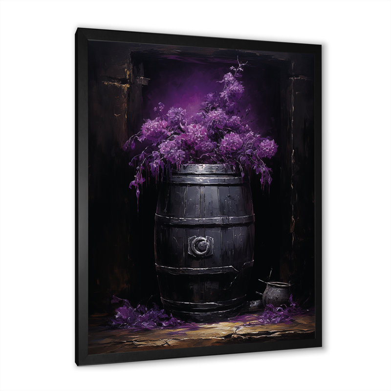 Fleurs mauves en bois tonneau de vin - art mural vin, Cadre simple noir, H 32 po x l 16 po x P 1 po