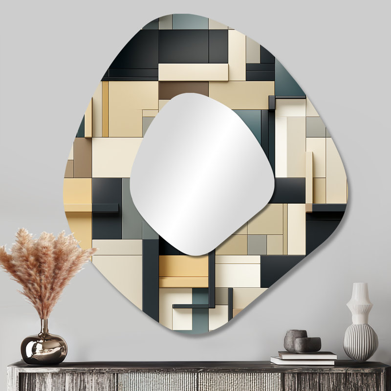 Grand miroir mural taupe géométrique Harmony I - formes géométriques 3D, 35 po x 31 po