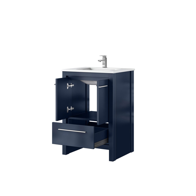 Meuble-lavabo bleu marine 24 po X P 20 po D, dessus en quartz blanc et robinet chromé, 24"