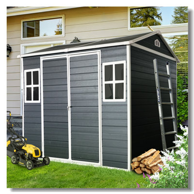 Remise de rangement extérieure en résine 8 x 6 pi imperméable avec plancher et deux fenêtres et porte verrouillable, remise à outils pour le jardin, le patio, la cour arrière, noir
