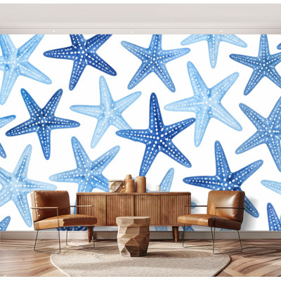 Papier peint mural autocollant motif marin bleu marine étoile de mer bleu marine, grand format, amovible et repositionnable, idéal pour le salon, la chambre ou la chambre d'enfant. 175 cm (H) x 244 cm (L).