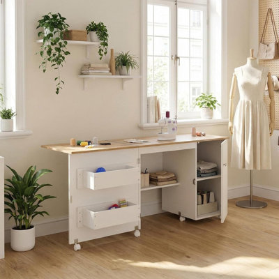 Folding Sewing Table with Storage Shelves, Trays & Magnetic Locks, Sewing Machine Desk with Lockable Wheels, Craft Workstation