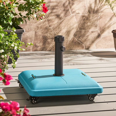 Base de parasol en béton carré - finition bleu sarcelle, poteau en acier inoxydable. Décoration de jardin. Profondeur de 20,16 po x largeur de 16,16 po. Convient à un diamètre maximal de 1,5 pouce et de 1,9 pouce et de 11 pieds. Robuste et charmant. Assemblage requis.