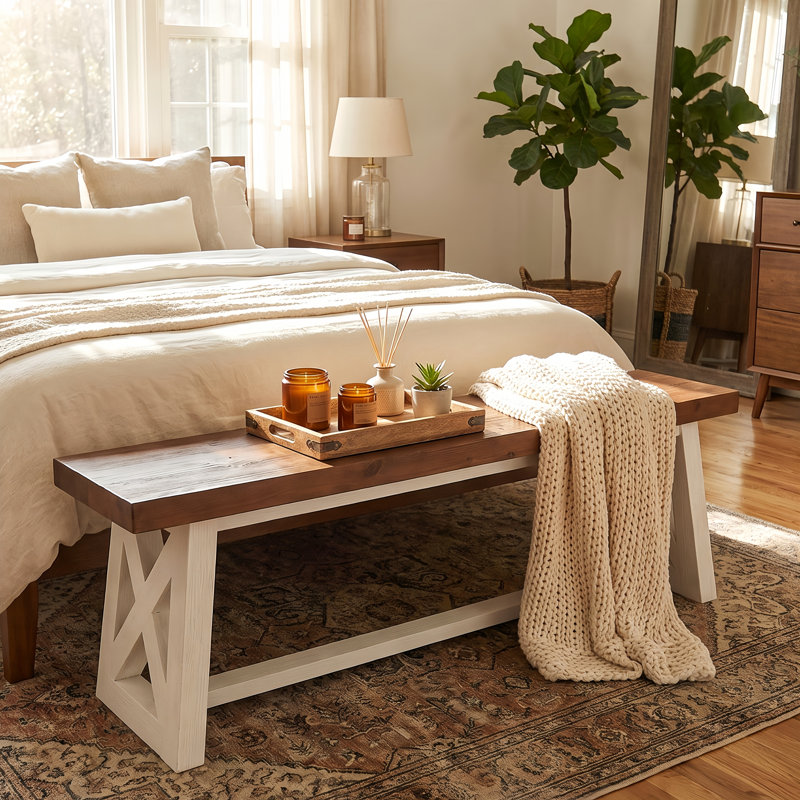 Banc de bout en bois massif avec base en X, banc d'appoint rustique pour chambre à coucher 55,12 po, facile à assembler