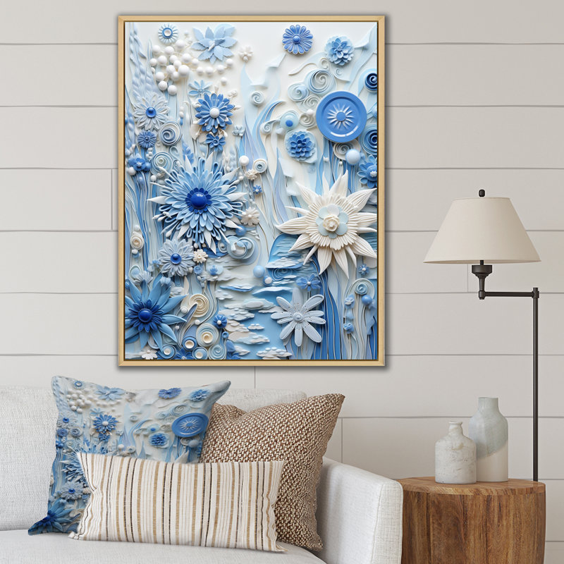 «Blue and White Botanical Tiles IV» - art mural botanique, Cadre flottant brun, H 60 po x l 28 po