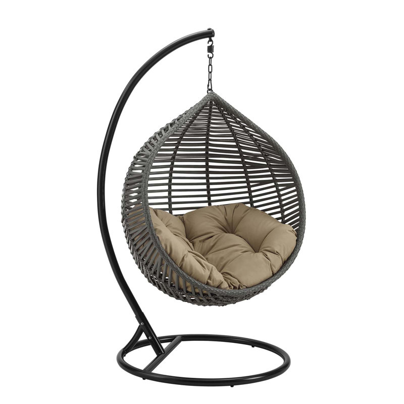 Gray Wicker Teardrop Hanging Chair with Cushions