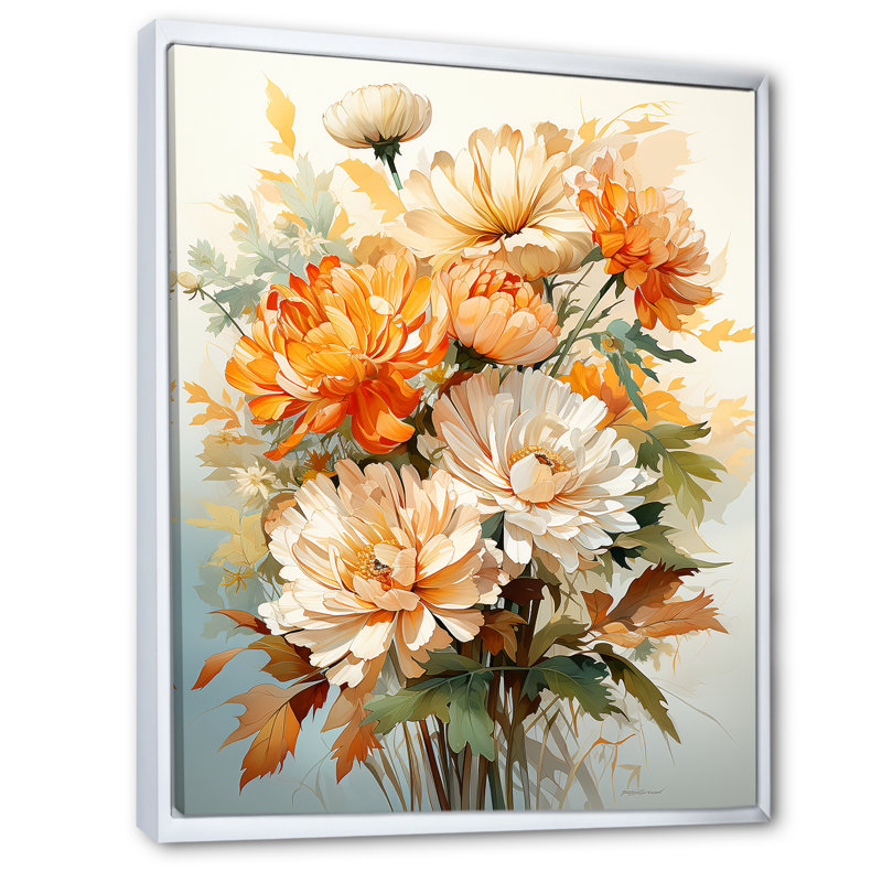 «Marigold Elegance Bouquet Still Life» sur toile, Cadre flottant blanc, H 44 po x l 34 po x P 1,5 po