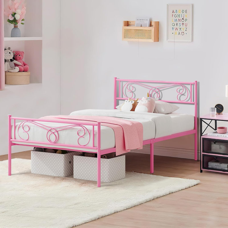 Cadre de lit simple en métal pour filles, tête et pied de lit, lattes en acier, rose, Lit simple, Rose
