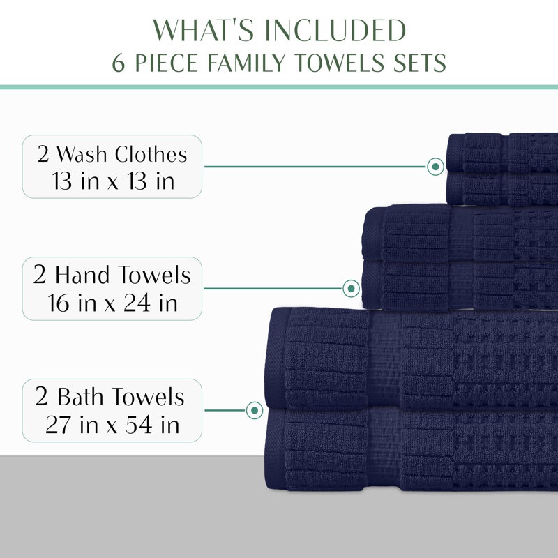 Willow 6 Pieces Towel Set – 100% Combed Cotton, Premium Quality 630 GSM, Navy, Ultra-Soft & Highly Absorbent (2 Bath, 2 Hand, 2 Wash Towels set)