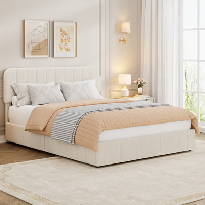 Queen Size Velvet Bed Frame with Adjustable Headboard, Upholstered Platform Bed with Vertical Channel Tufted Design, No Box Spring Needed, Easy Assembly, Beige