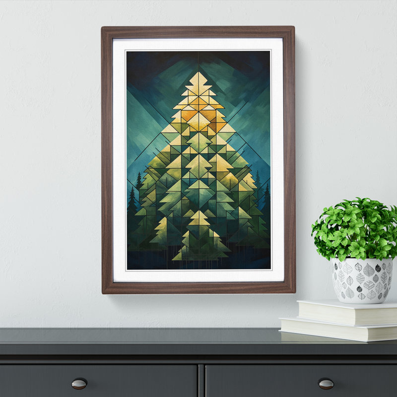 Pine Tree Geometric - Single Picture Frame Print on Wood, Walnut Framed, 64cm H x 46cm W x 2cm D