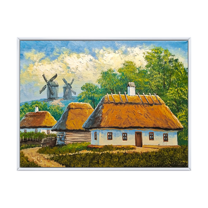 Vieux village rustique, paysage, art mural traditionnel, H 8 po x l 12 po x P 1 po, Cadre flottant blanc