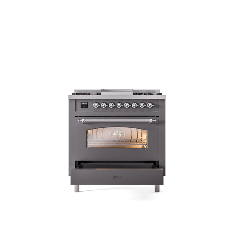ILVE Nostalgie II 36 Dual Fuel Range, knobs, Graphite Matte/Chrome, Liquid Propane