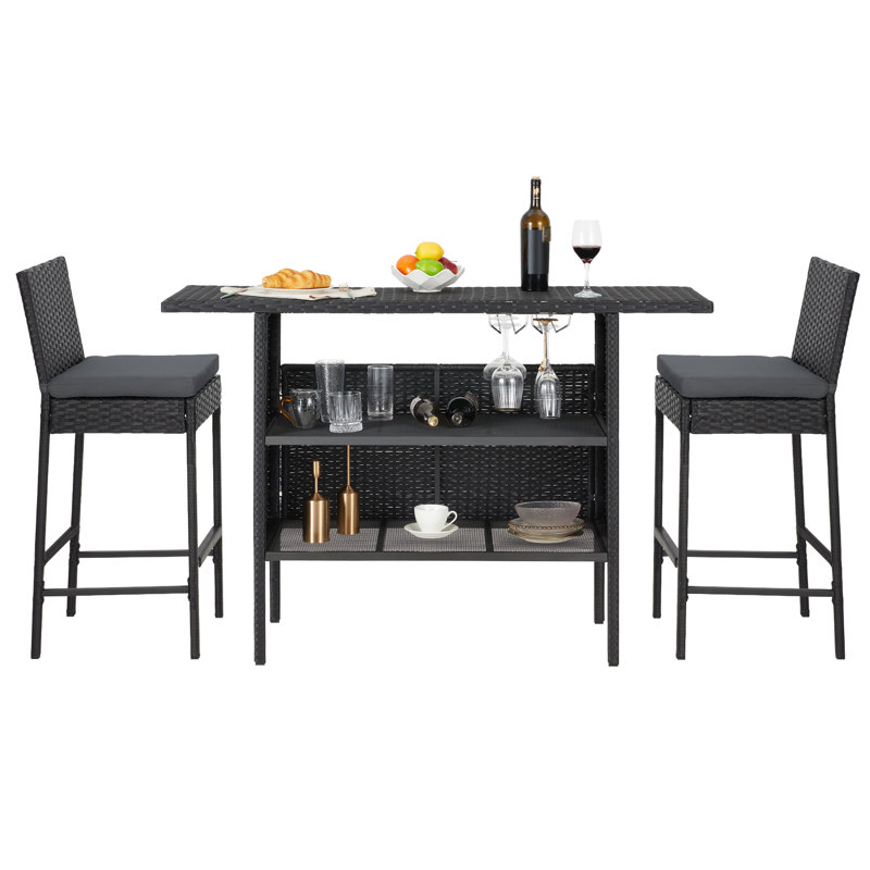 3-Piece Patio Bar Set With Wicker Bar Chairs & Outdoor Bar Table, Black