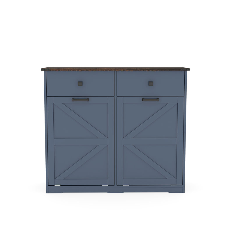 Armoire à ordures inclinable bleue pour bacs 2 x 10 gallons, buanderie compacte et stable, porte de grange avec plateau de table imperméable à finition élégante, tiroirs de rangement à charnières lisses