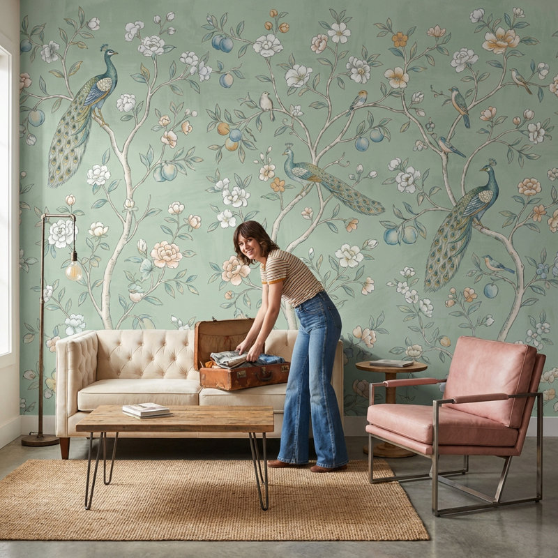 Papier peint floral paon, 100 po x 96 po, Peler et coller