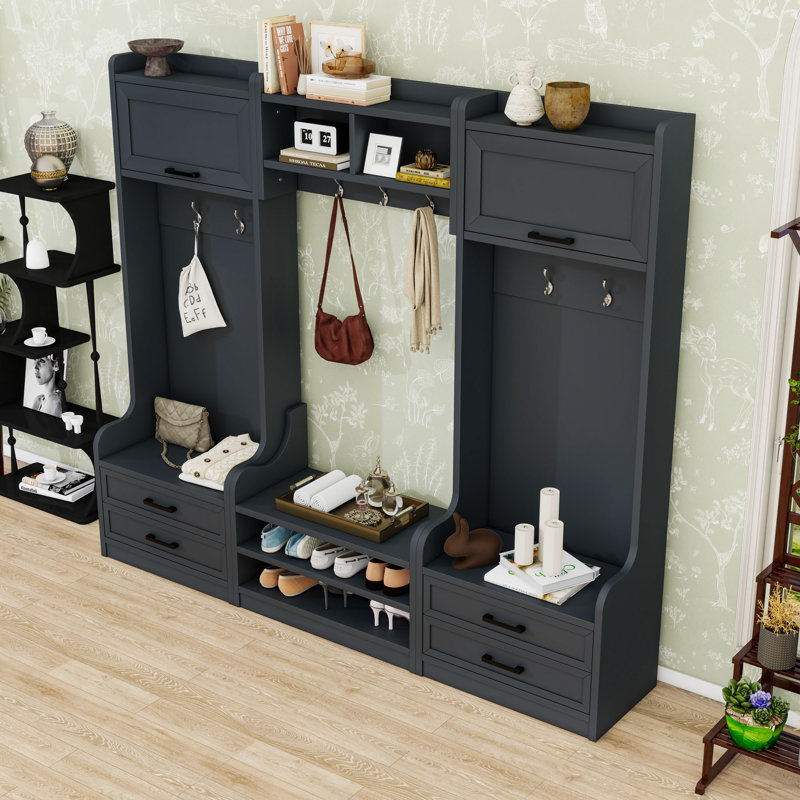 Hall Tree with Storage Cabinet, Bench, Hooks and Drawers, Antique Blue