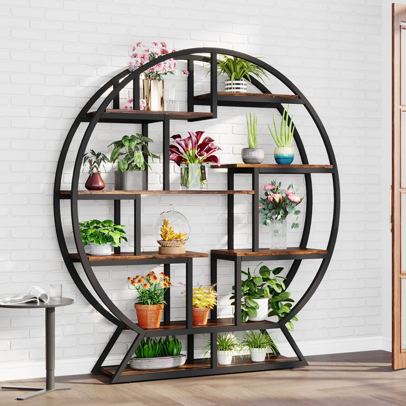 Indoor Round Plant Stand  With 8 Shelves, Black/Rustic Brown