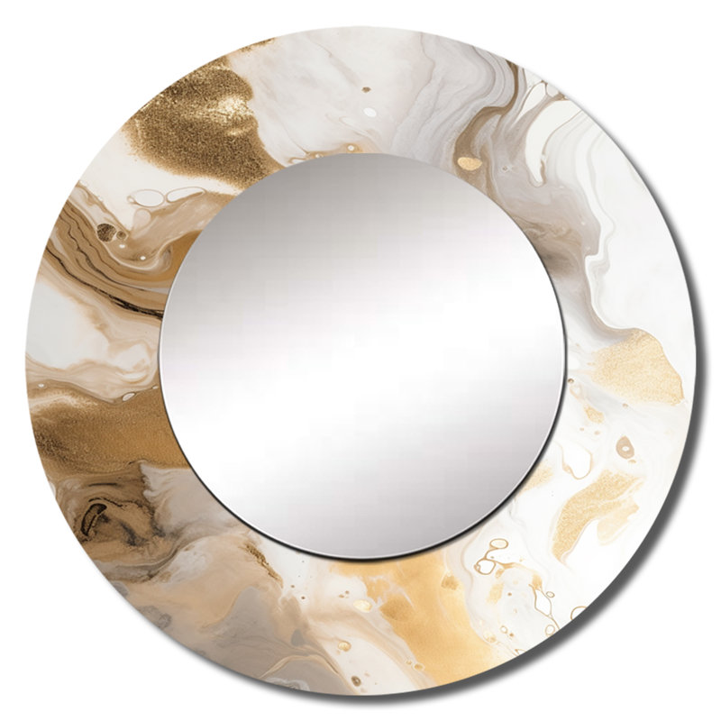 Parand Gold And Grey A Marble Effect IV - Marble Wall Mirror, Gold Round Decorative Mirror, Printed Metal Art, 29" x 29"