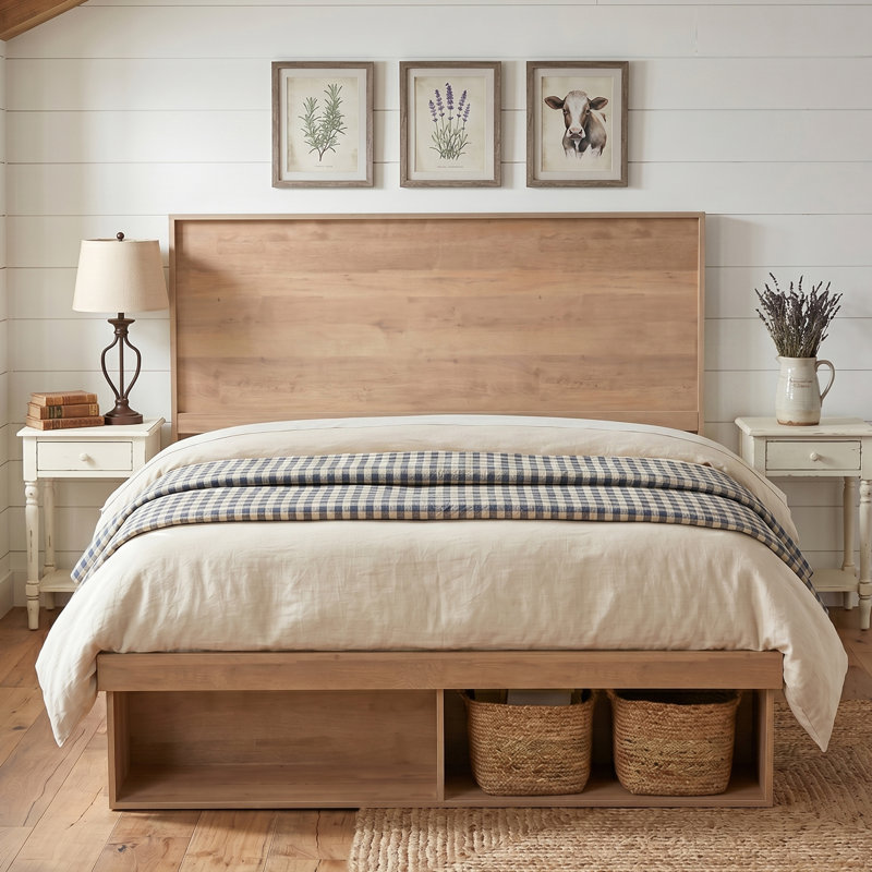 Farmhouse Full Storage Platform Bed Frame with Drop-Down Side Cabinets & Open Cubbies, 45" Wood-Grain Headboard, No Box Spring Needed, Pale Oak